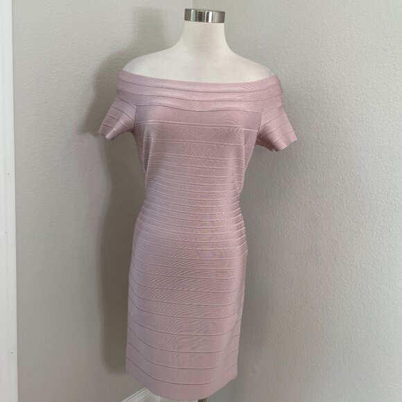 Herve Leger Womens Large Off Shoulder Bandage Dress Blush Pink Cocktail Party - Picture 1 of 12